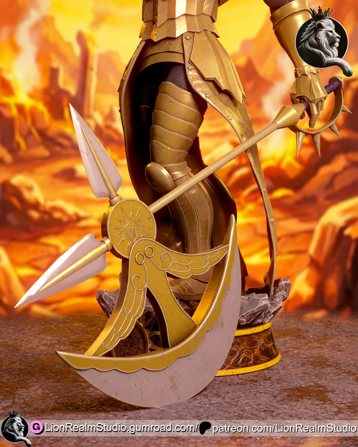 Sculptor's render (kit ships unpainted): close-up of the axe head's sun disc, winged frame and crescent blade