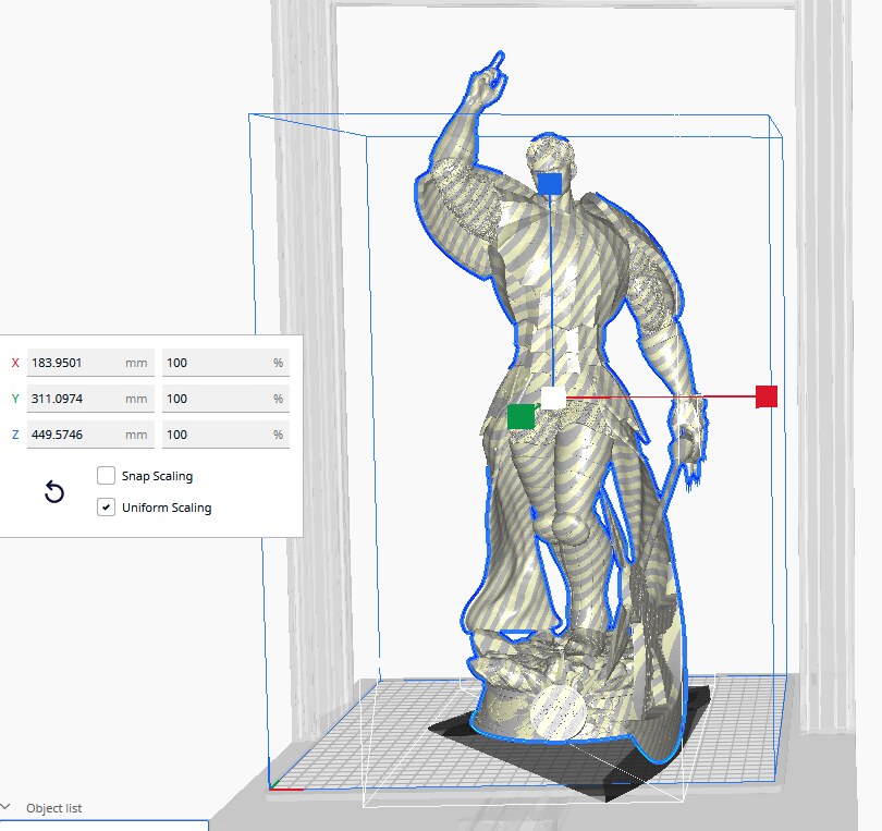 Studio scale image (kit ships unpainted): the studio's slicer view of the assembled full figure with the axe at 100% scale, with its width, depth and height readout