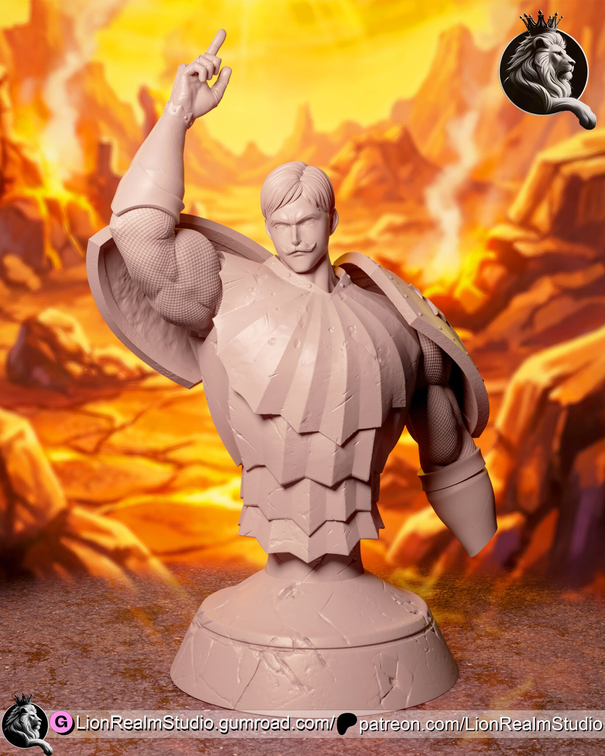 Sculptor's render of the painted design (kit ships unpainted): unpainted view of the bust from the waist up, right arm raised with one finger pointing at the sky, the plated collar and dished shoulder guards, on a round cracked-stone base