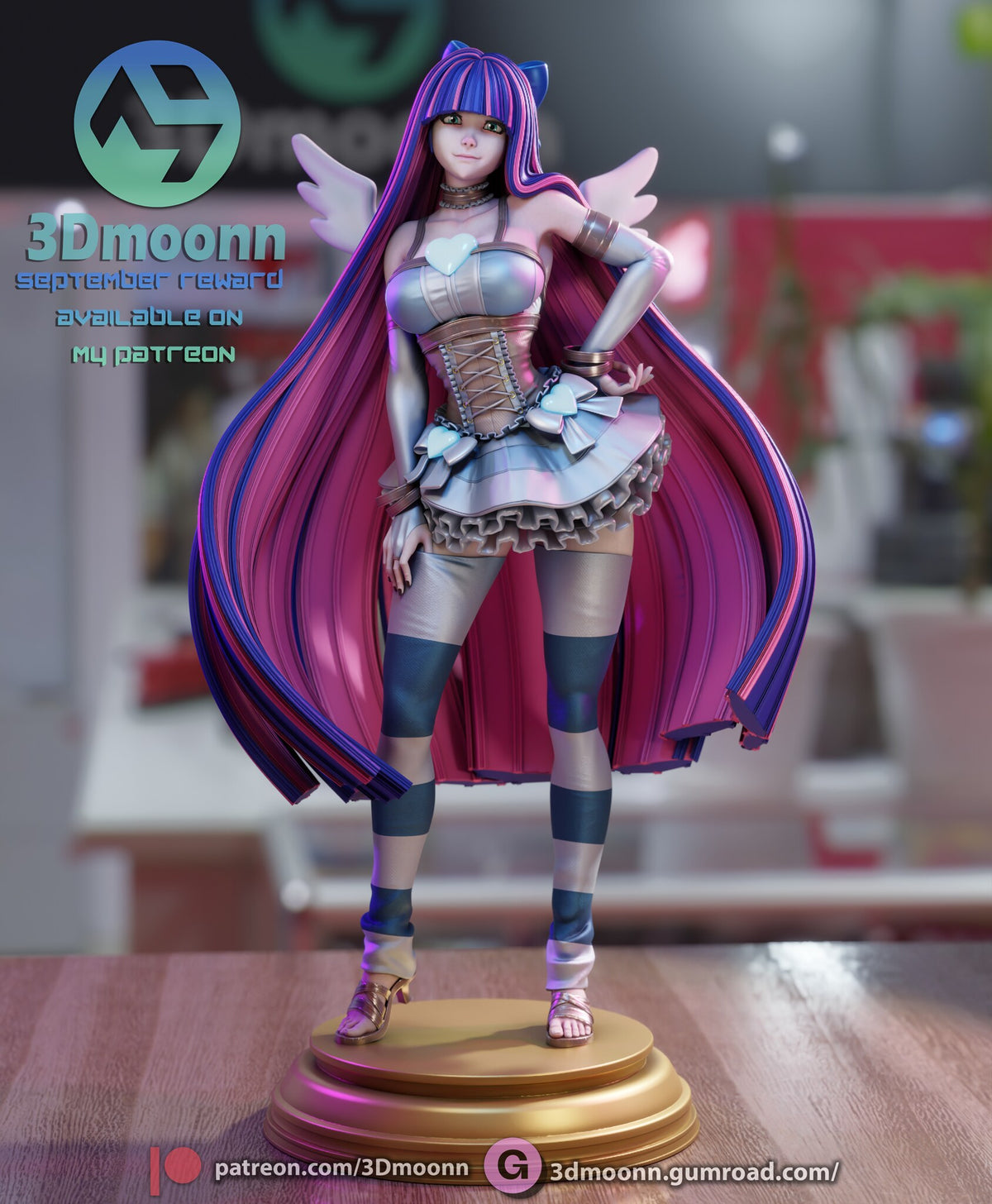 Sculptor's render of the painted design (kit ships unpainted): front full view of the gothic angel, hand on hip, long blue and pink hair spread wide, on the gold plinth