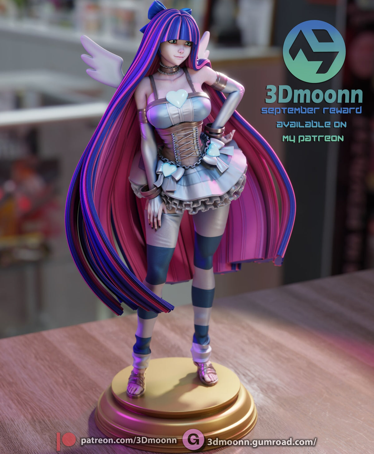 Sculptor's render (kit ships unpainted): front view from slightly above, with the blue hair bow and the top of the plinth