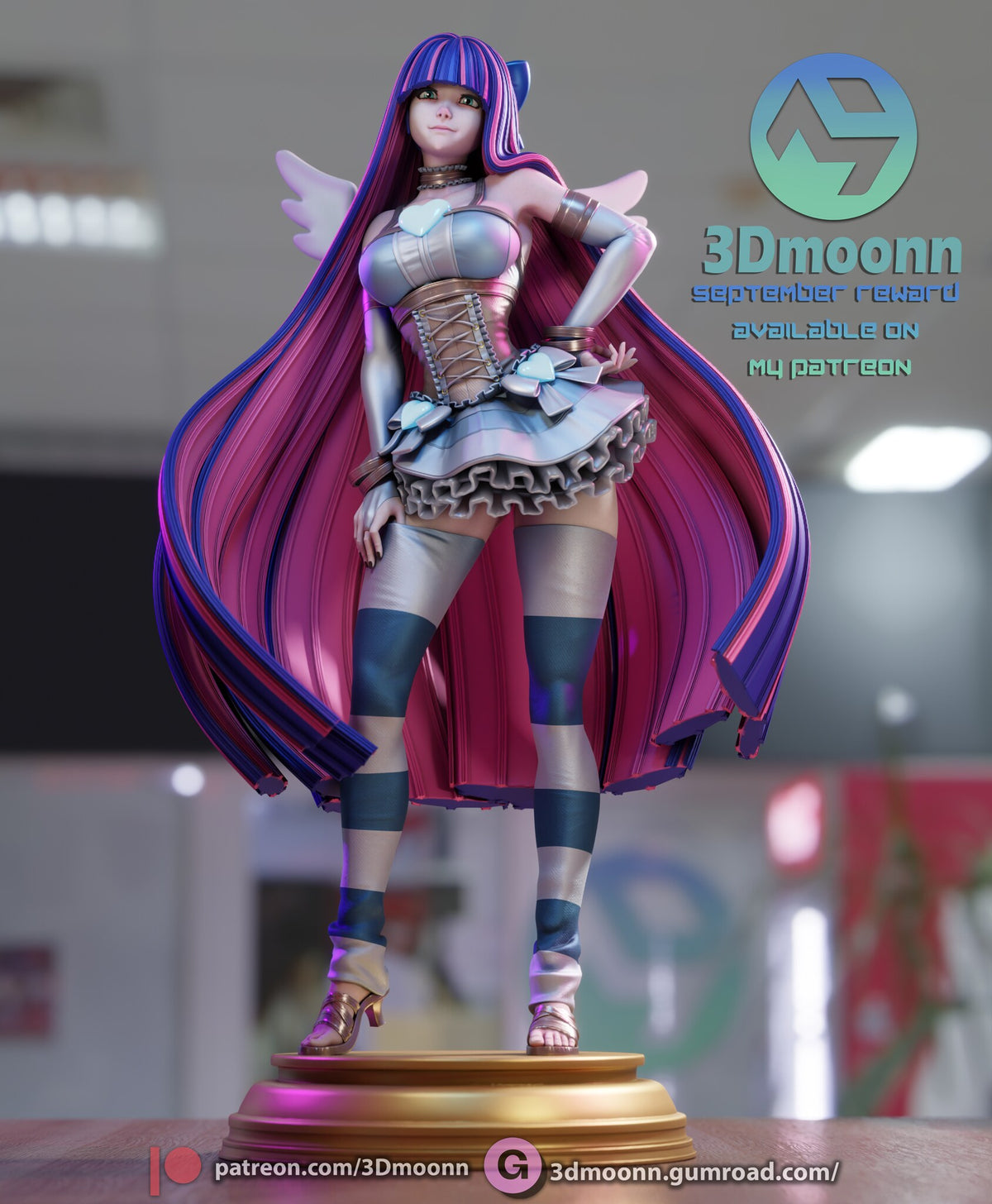 Sculptor's render (kit ships unpainted): low front view of the striped thigh-highs, ankle cuffs and heeled sandals on the stepped plinth