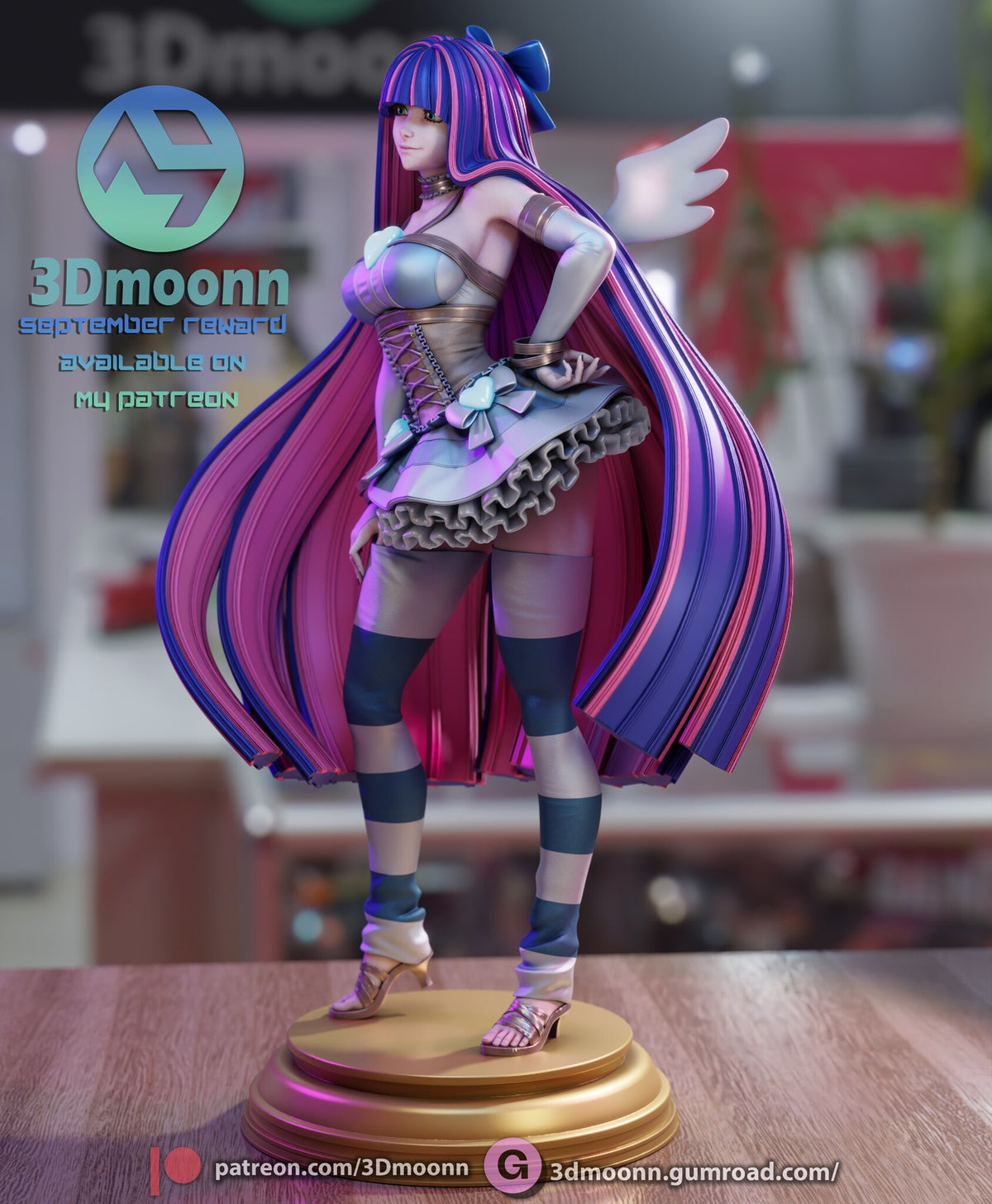 Sculptor's render (kit ships unpainted): three-quarter rear view from her hand-on-hip side, showing the ruffled skirt and the back of the hair