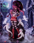 Sculptor's render of the painted design (kit ships unpainted): front view of the pink-haired girl with a red umbrella on her shoulder, three white ghosts around her, on a ruined gothic wall base