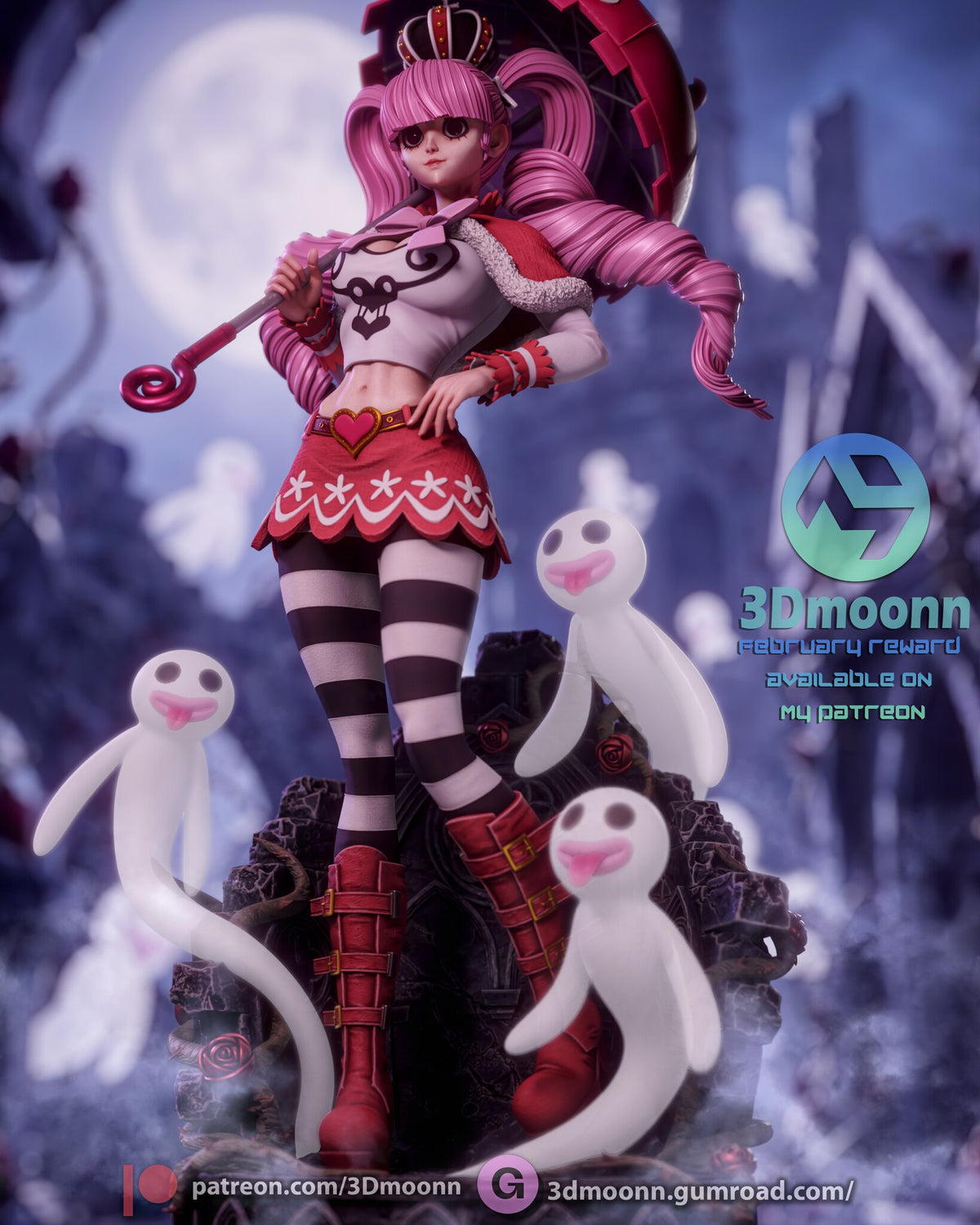 Sculptor's render (kit ships unpainted): front view from above, showing the small crown and the striped tights