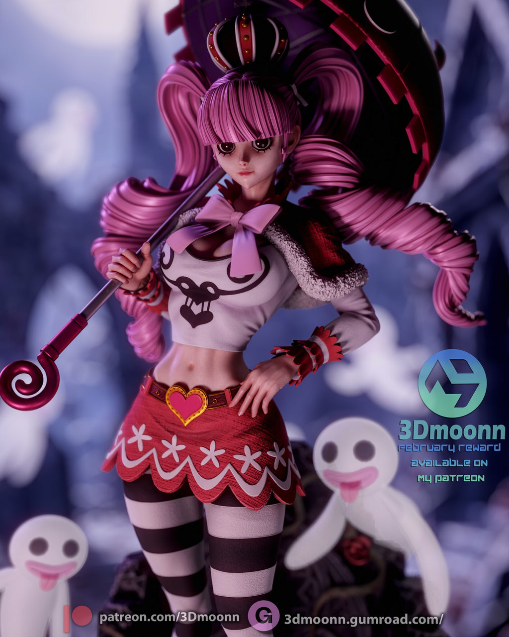 Sculptor's render (kit ships unpainted): close-up from the knees up, with the umbrella handle and a ghost below