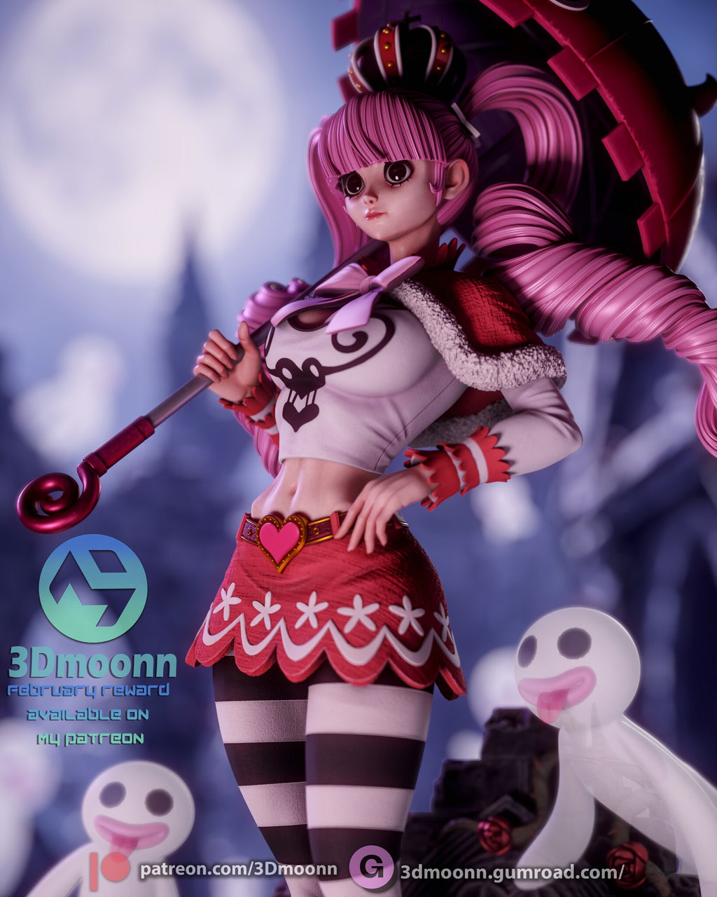 Sculptor's render (kit ships unpainted): close-up of the face, drill curls, collar bow and fur-trimmed capelet
