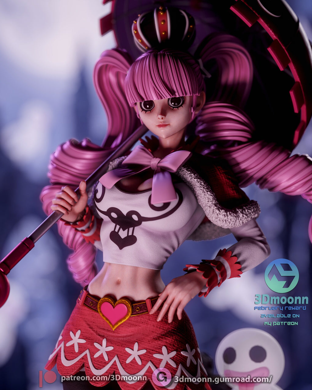 Sculptor's render (kit ships unpainted): close-up of the crown, skull-print top and heart belt buckle