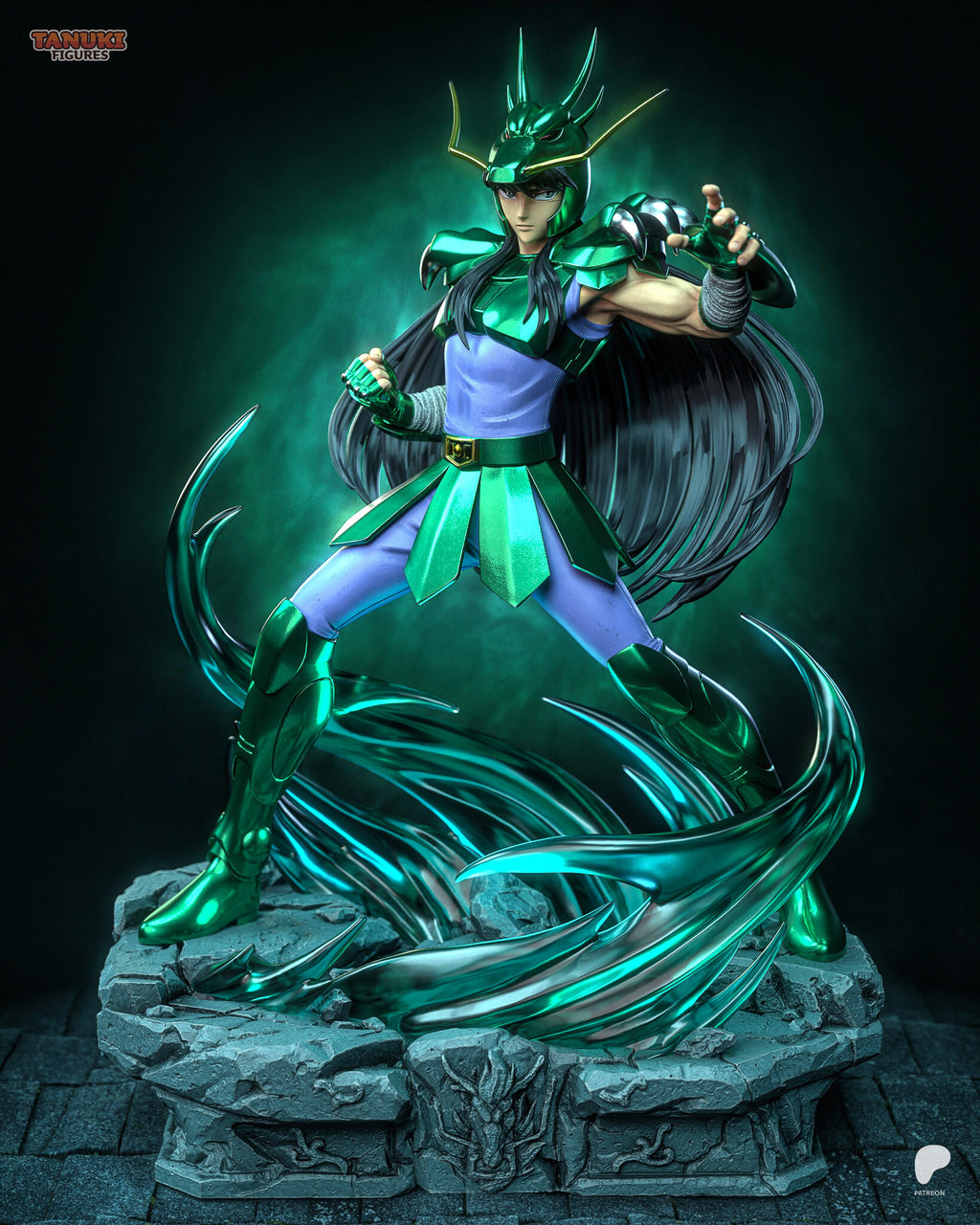 Sculptor's render of the painted design (kit ships unpainted): front three-quarter view of the figure in a fighting stance on the cracked stone base wrapped in a green energy swirl