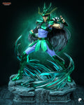 Sculptor's render of the painted design (kit ships unpainted): front three-quarter view of the figure in a fighting stance on the cracked stone base wrapped in a green energy swirl