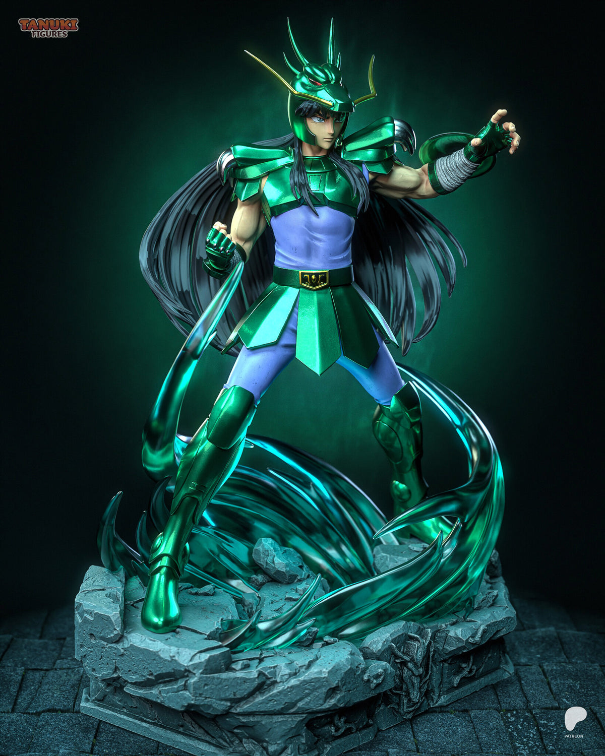 Sculptor's render (kit ships unpainted): three-quarter view with the open left hand reaching forward and the energy sweeping across the base