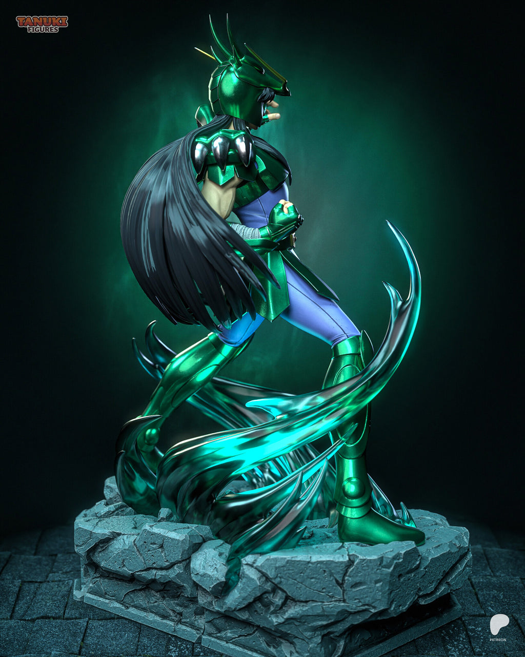 Sculptor's render (kit ships unpainted): rear side view showing the long black hair and an energy tendril wrapping the back leg
