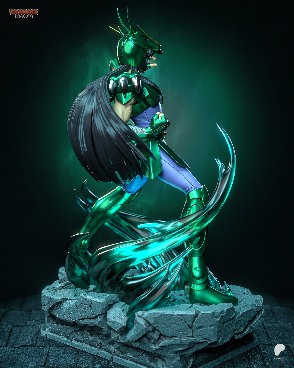 Sculptor's render (kit ships unpainted): rear side view showing the long black hair and an energy tendril wrapping the back leg