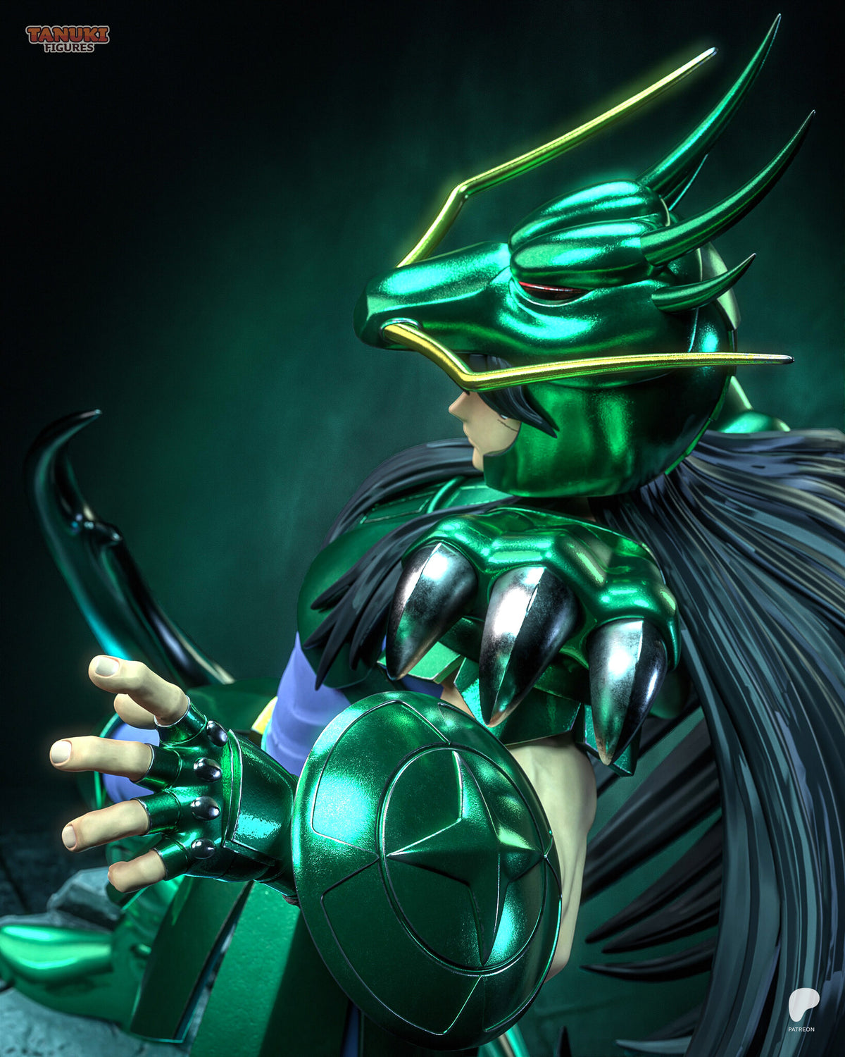 Sculptor's render (kit ships unpainted): close-up of the horned helmet, clawed shoulder plate and round forearm shield