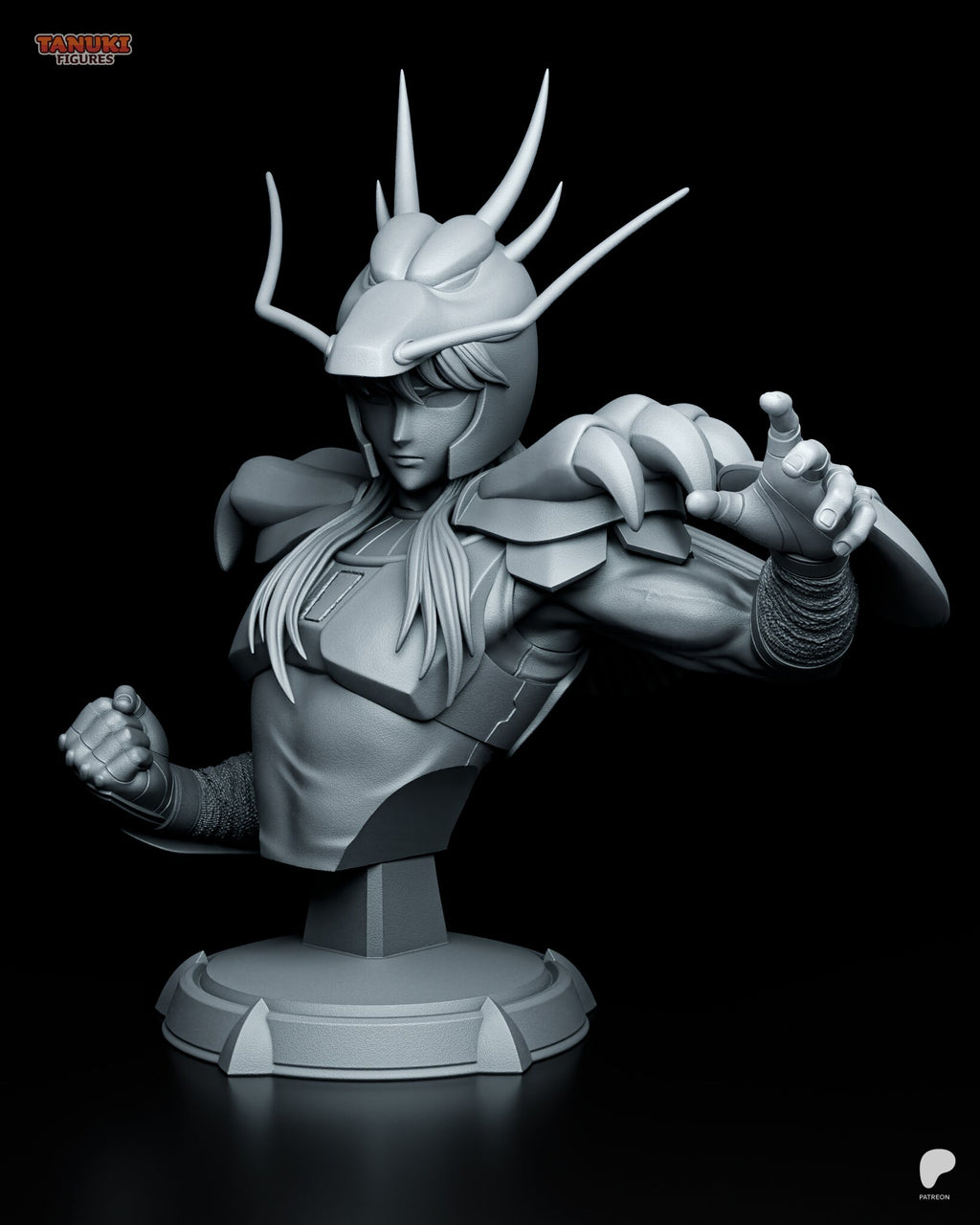 Sculptor's render of the painted design (kit ships unpainted): front three-quarter view of the bust on its round plinth, fist drawn back and open hand raised under the horned helmet