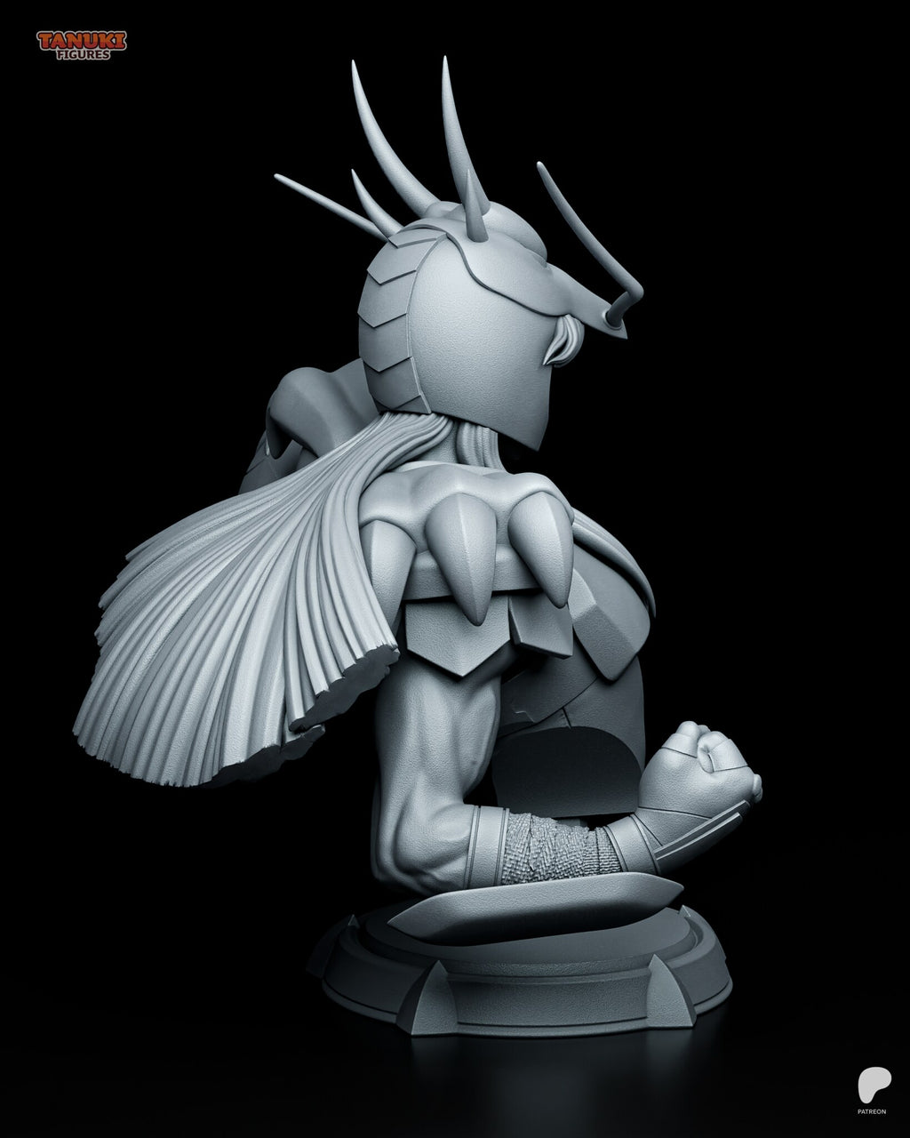 Sculptor's render (kit ships unpainted): rear three-quarter view with the pleated hair cape swept to one side and the clawed shoulder plate