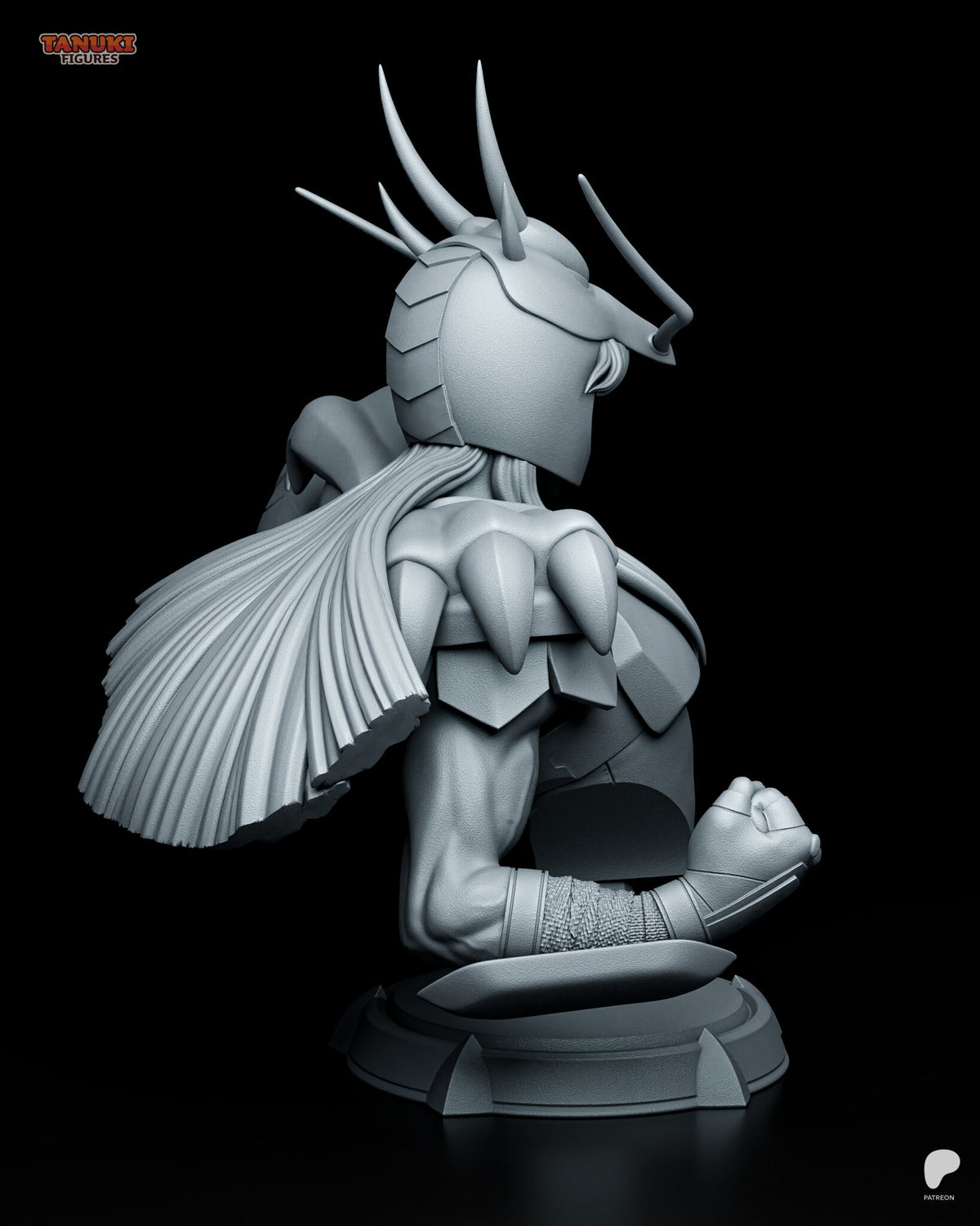 Sculptor's render (kit ships unpainted): rear three-quarter view with the pleated hair cape swept to one side and the clawed shoulder plate