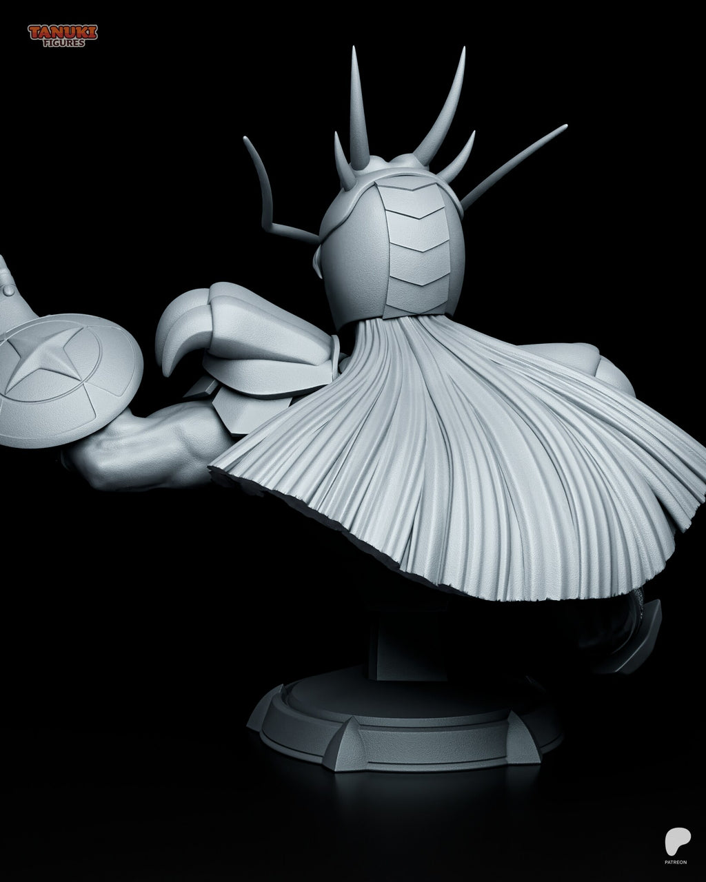 Sculptor's render (kit ships unpainted): back view showing the wide hair cape, the plated back of the helmet and the round shield on the raised arm