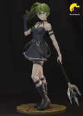 Sculptor's render of the painted design (kit ships unpainted): three-quarter front view of the green-haired mage holding up scissors, with the forked staff in her other hand, on the round flagstone base