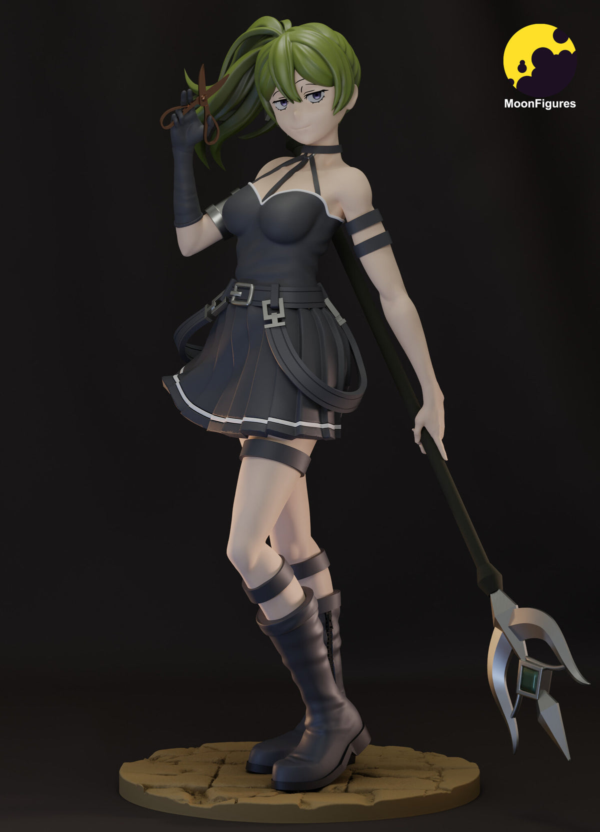 Sculptor's render of the painted design (kit ships unpainted): three-quarter front view of the green-haired mage holding up scissors, with the forked staff in her other hand, on the round flagstone base
