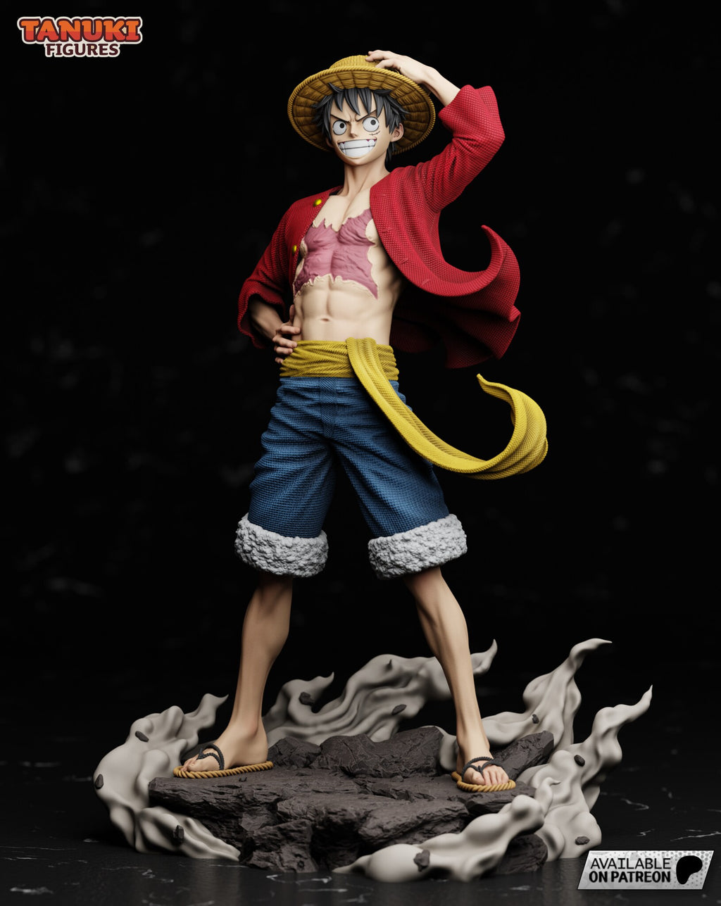 Sculptor's render of the painted design (kit ships unpainted): front view of the grinning pirate in an open red shirt, one hand on his hat and one on his hip, on a rock base wrapped in pale smoke