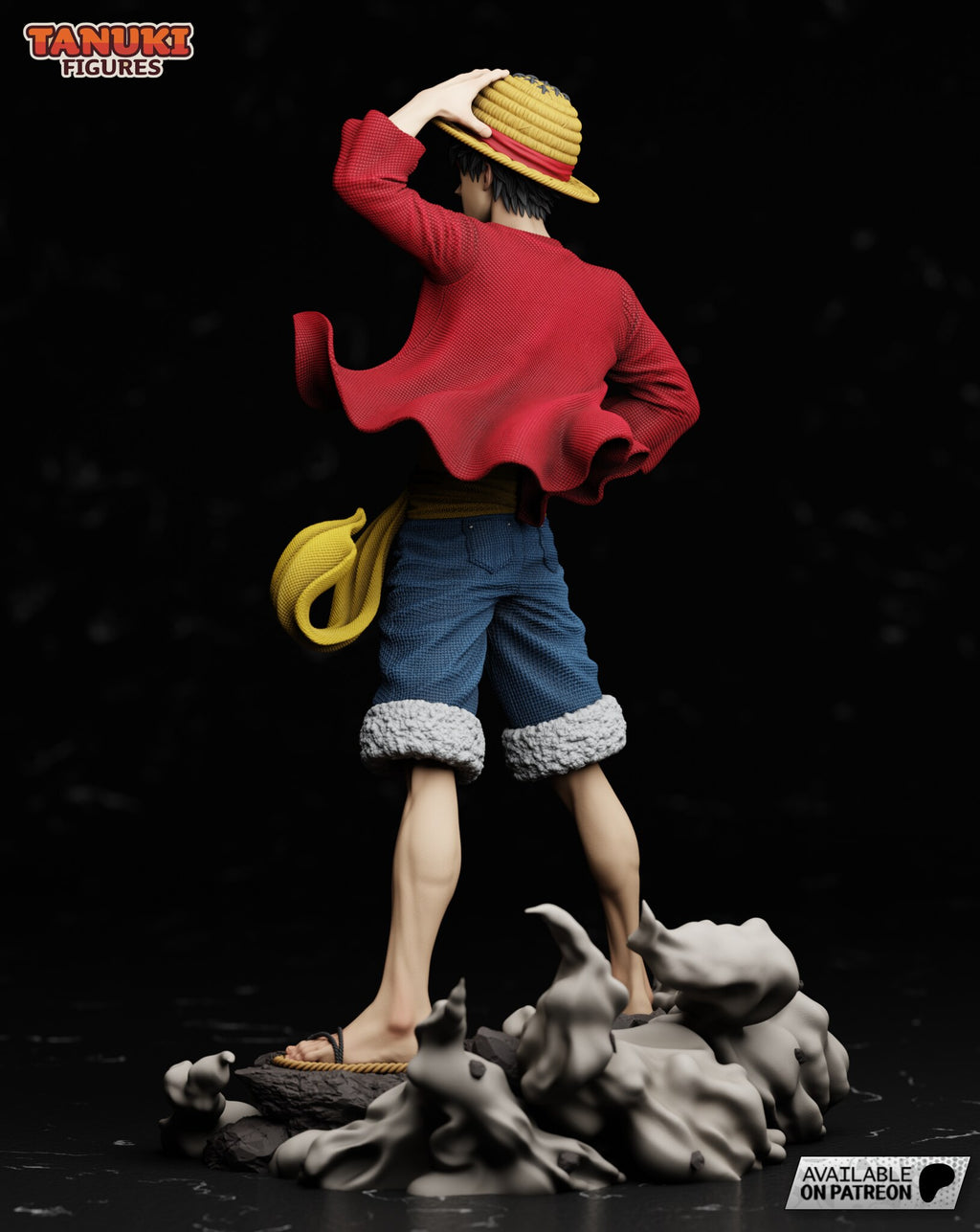 Sculptor's render (kit ships unpainted): rear three-quarter view of the billowing red shirt, the yellow sash tail and the fleece-cuffed shorts