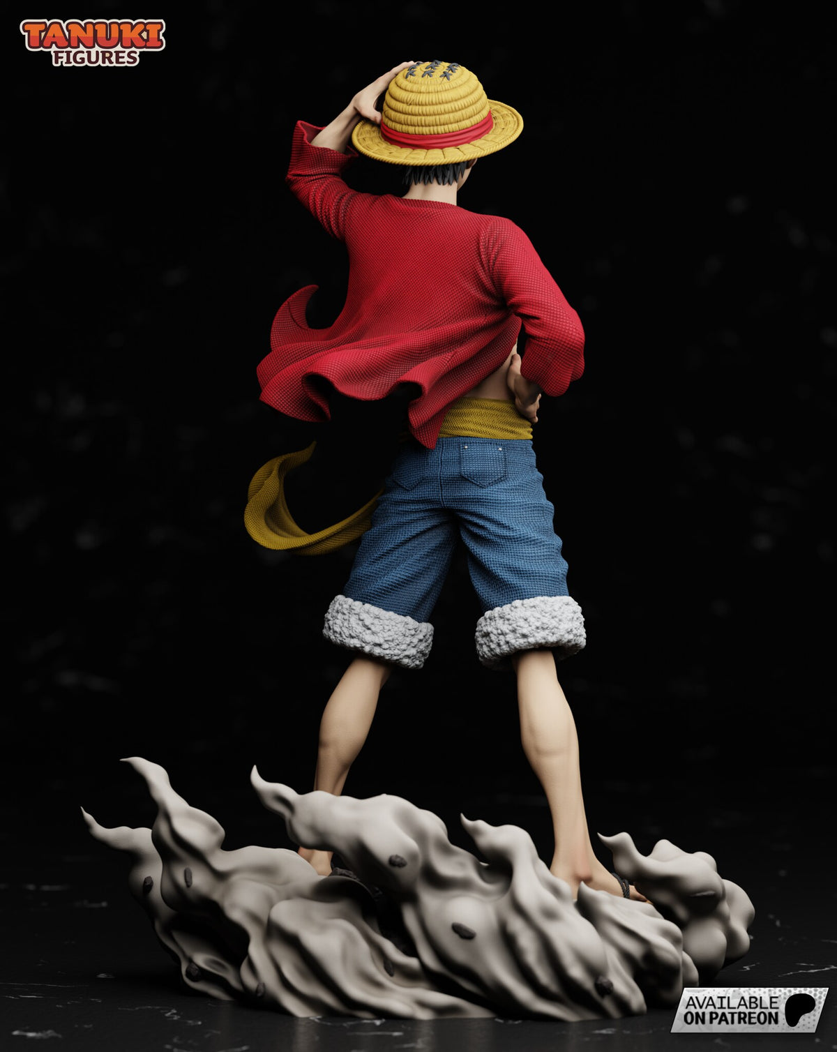 Sculptor's render (kit ships unpainted): back view showing the hat's red band, the shirt hem and the wall of smoke behind the rock