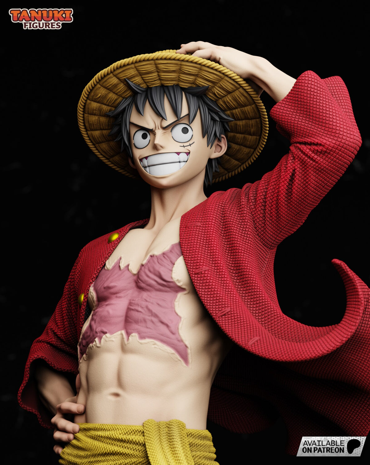 Sculptor's render (kit ships unpainted): close-up of the grinning face under the woven hat, the open red shirt and the chest scar