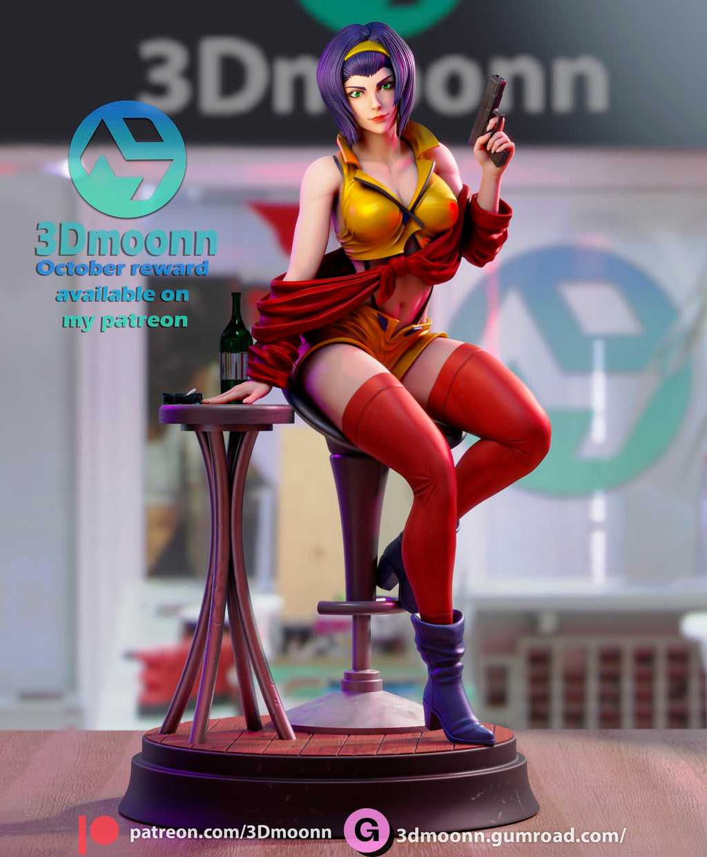 Sculptor's render of the painted design (kit ships unpainted): front view of the seated figure on a bar stool beside a small table, pistol raised