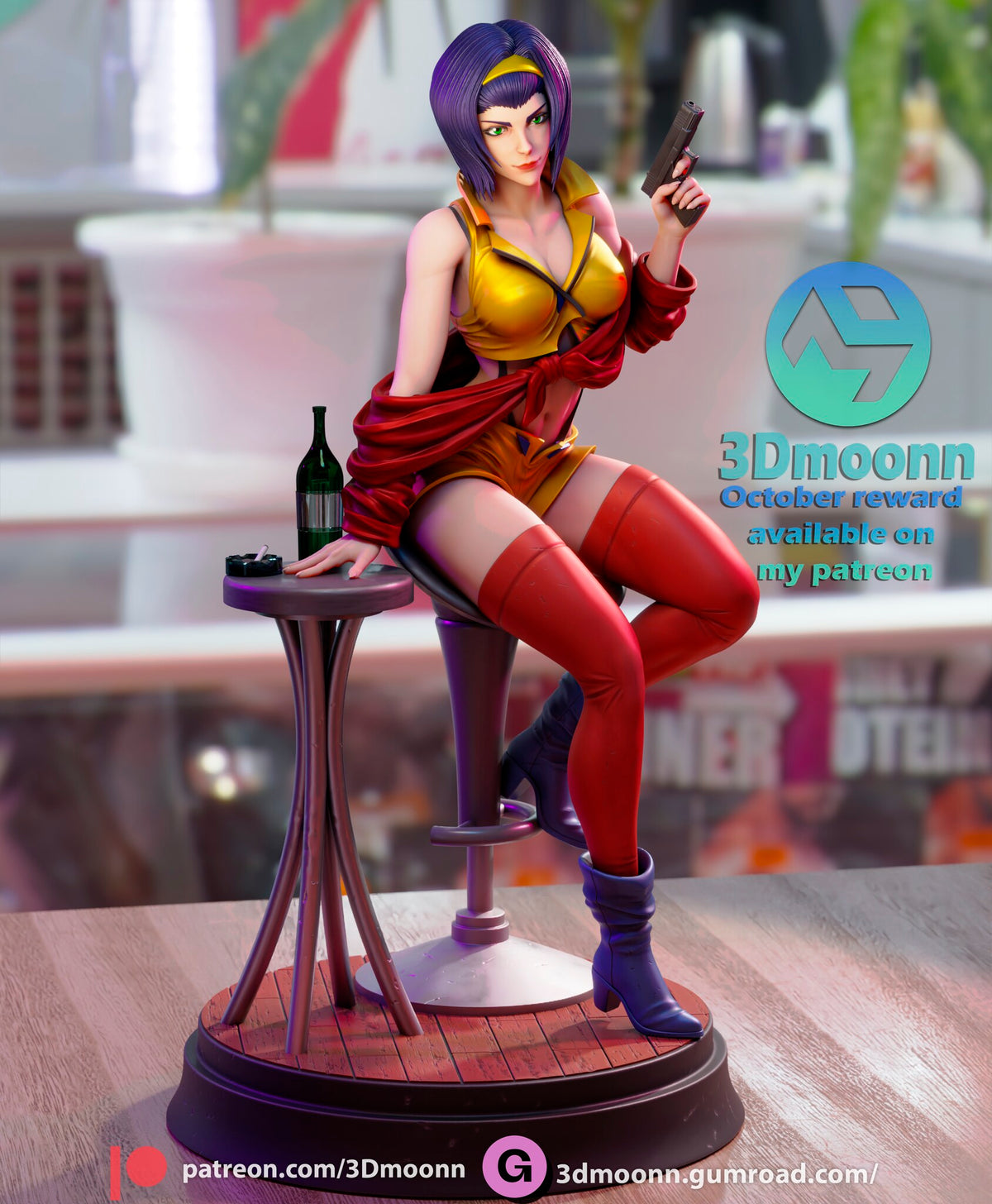 Sculptor's render (kit ships unpainted): slightly elevated front view showing the table top with the bottle and ashtray