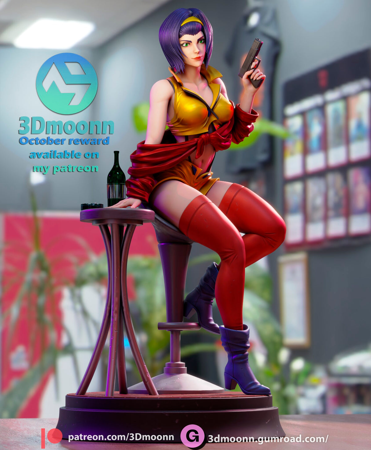 Sculptor's render (kit ships unpainted): three-quarter front view from her left, one boot on the footrest