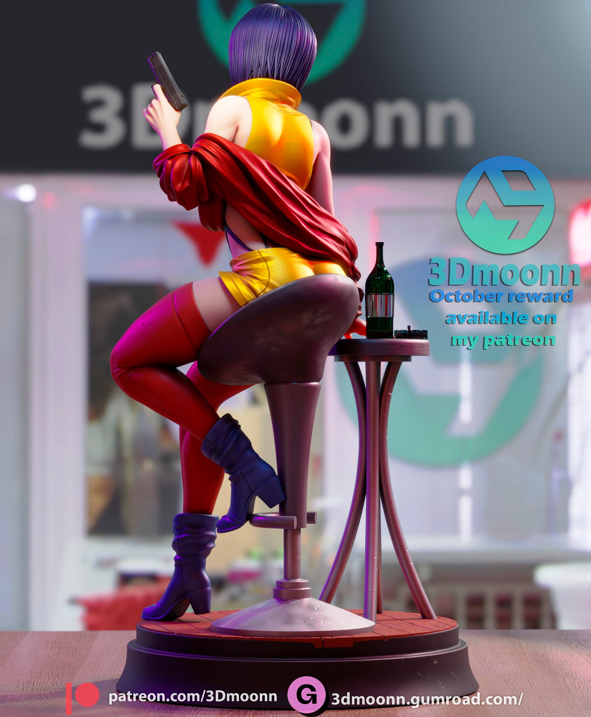Sculptor's render (kit ships unpainted): rear view showing the jacket draped down her back and the stool seat