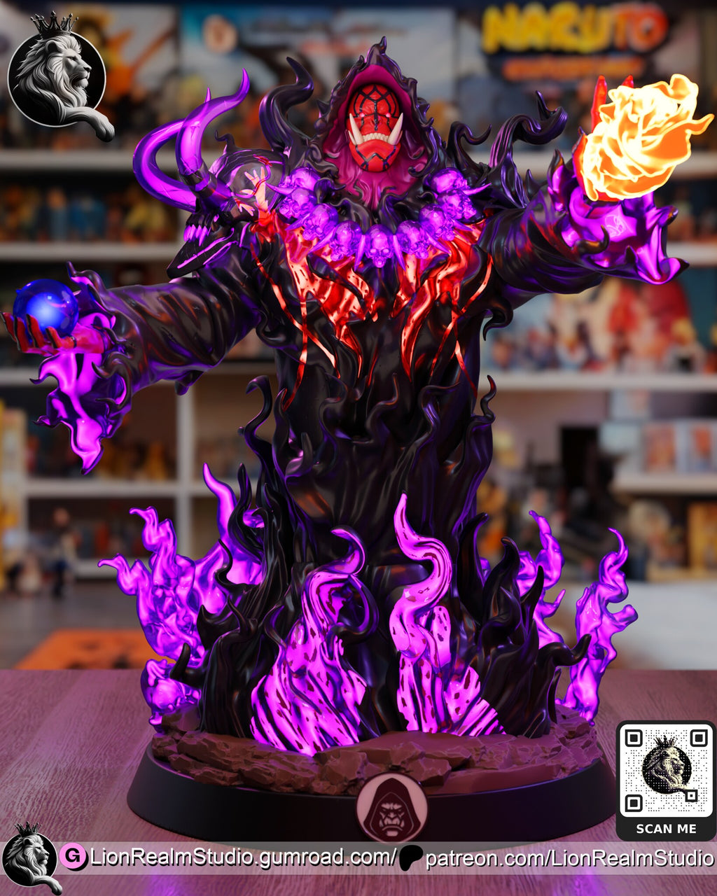 Sculptor's render of the painted design (kit ships unpainted): full front view of the hooded orc shaman in black tendril robes rising from purple flames on a round black base, a blue orb in one hand and a fireball in the other