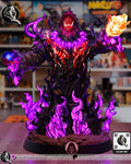 Sculptor's render of the painted design (kit ships unpainted): full front view of the hooded orc shaman in black tendril robes rising from purple flames on a round black base, a blue orb in one hand and a fireball in the other