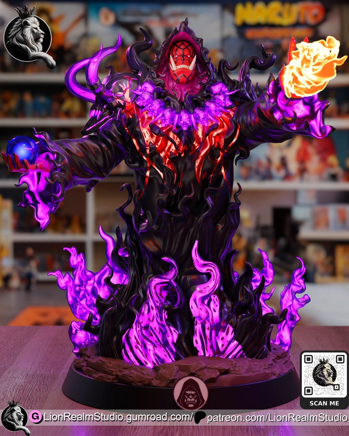 Sculptor's render of the painted design (kit ships unpainted): full front view of the hooded orc shaman in black tendril robes rising from purple flames on a round black base, a blue orb in one hand and a fireball in the other