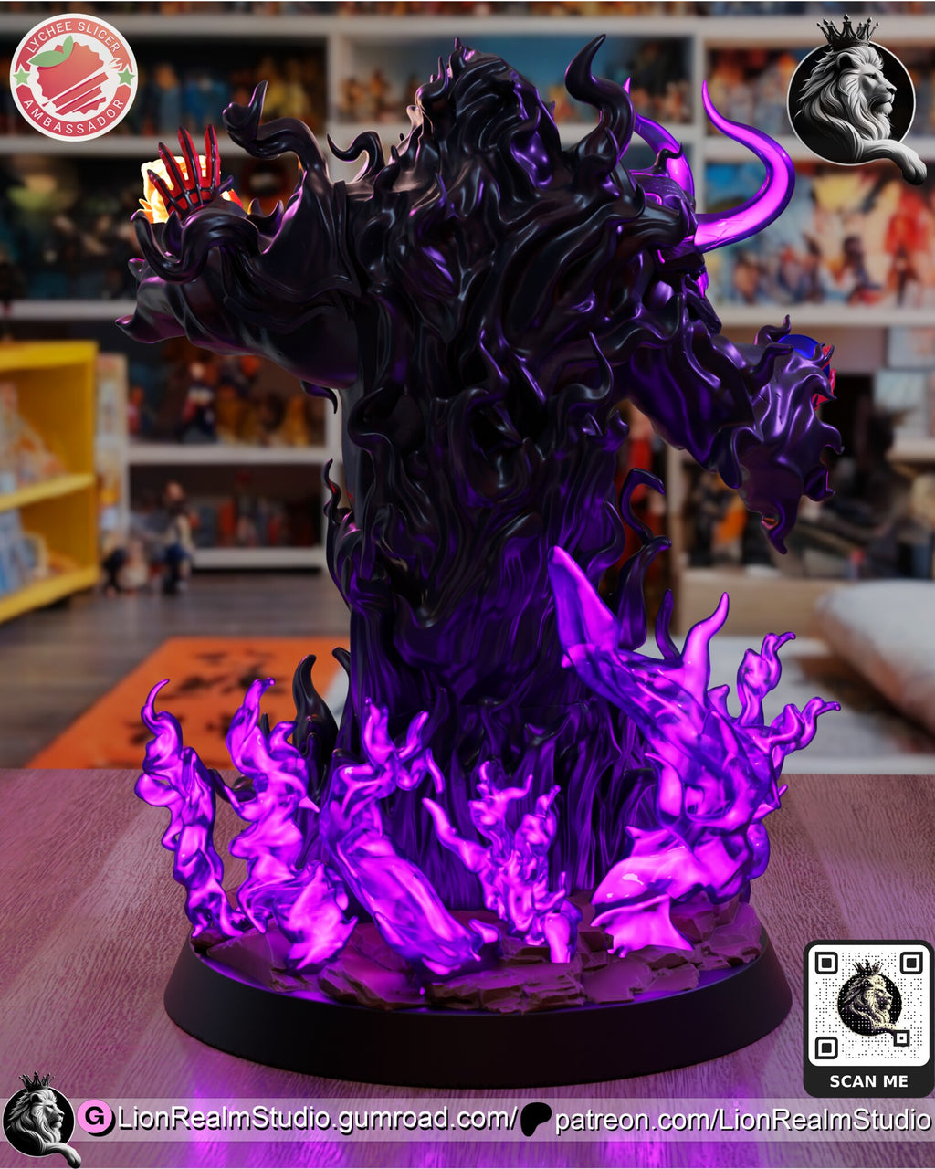 Sculptor's render (kit ships unpainted): rear view of the black tendril robe ringed by purple flames