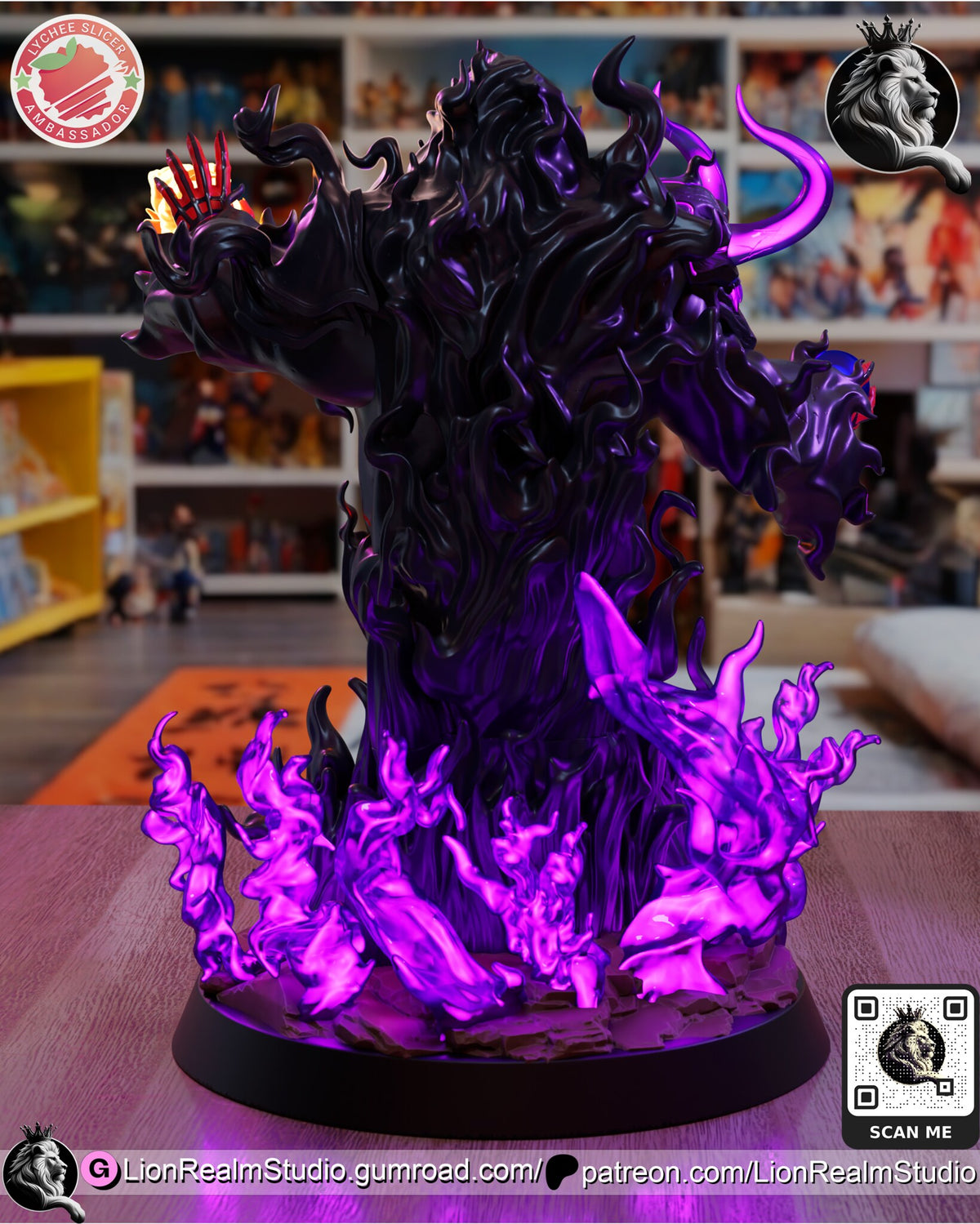 Sculptor's render (kit ships unpainted): rear view of the black tendril robe ringed by purple flames