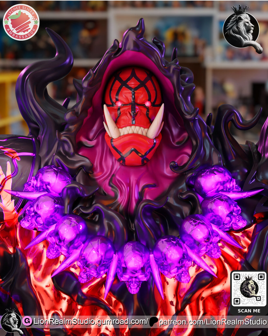 Sculptor's render (kit ships unpainted): close-up of the red orc face with line markings and long lower fangs inside the hood, above the glowing skull necklace