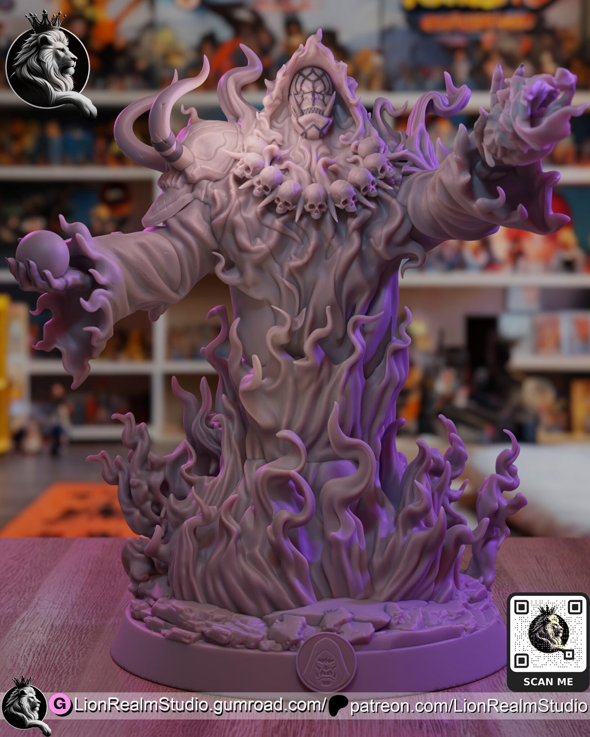 Sculptor's render (kit ships unpainted): unpainted gray view of the sculpt from the front, showing the tendrils, skulls and flames