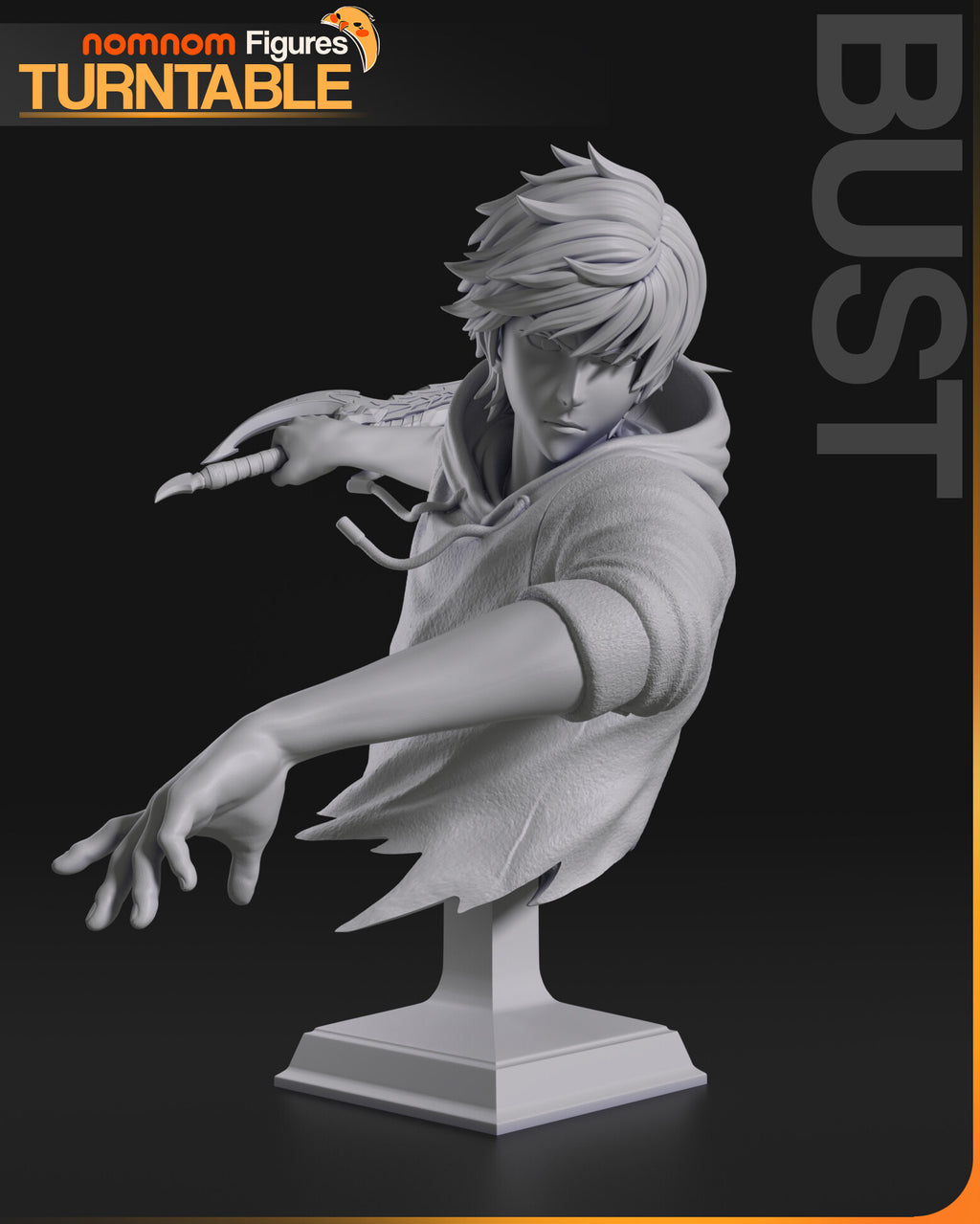 Sculptor's render of the painted design (kit ships unpainted): gray studio view of the hunter bust, a hooked dagger drawn back over his shoulder and the other hand reaching forward, in a hoodie with the sleeves pushed up, on a stepped plinth