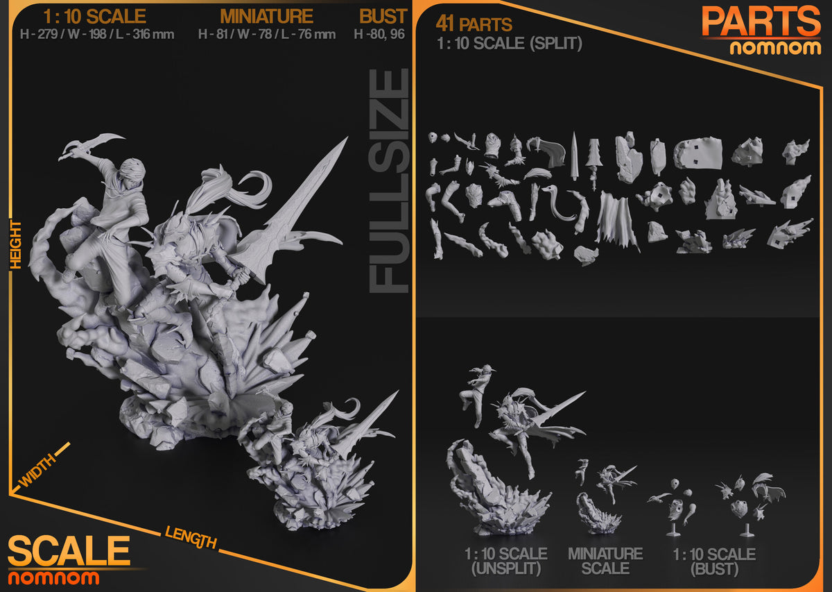 Studio scale and parts sheet (kit ships unpainted): the studio's sizes for each version (the two busts 80 and 96 mm tall), with both busts' parts in the bottom-right corner