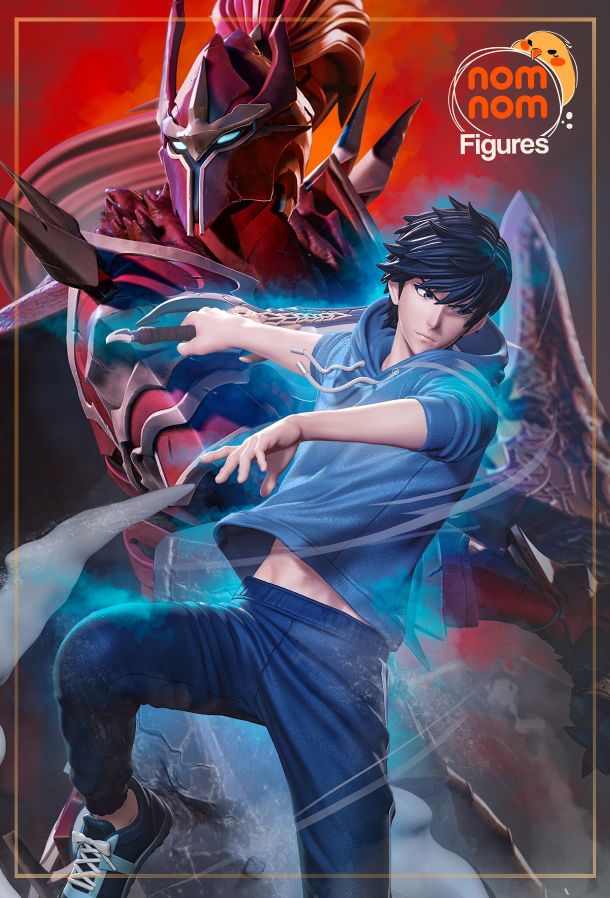 Sculptor's render (kit ships unpainted): the painted design, the hunter in a blue hoodie leaping with a hooked dagger in front of the crimson knight; the miniature is the same sculpt, smaller and in 4 pieces
