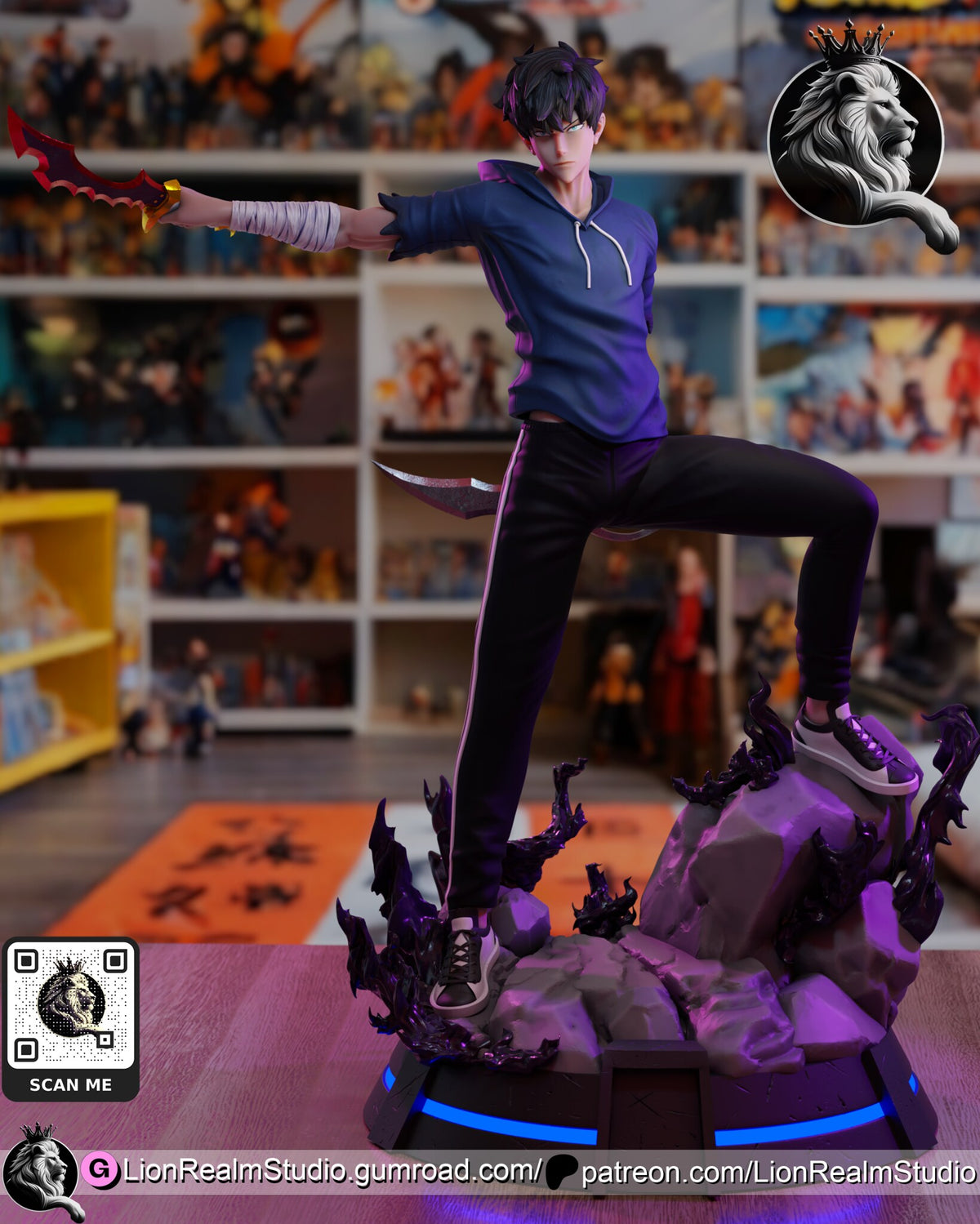 Sculptor's render of the painted design (kit ships unpainted): full front view of the hooded hunter with one foot up on a boulder, a red dagger held out at arm's length over dark flames on a round black base