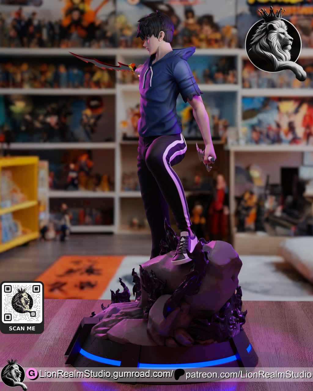 Sculptor's render (kit ships unpainted): three-quarter view from his left, the dark dagger in his lowered left hand and the striped track pants
