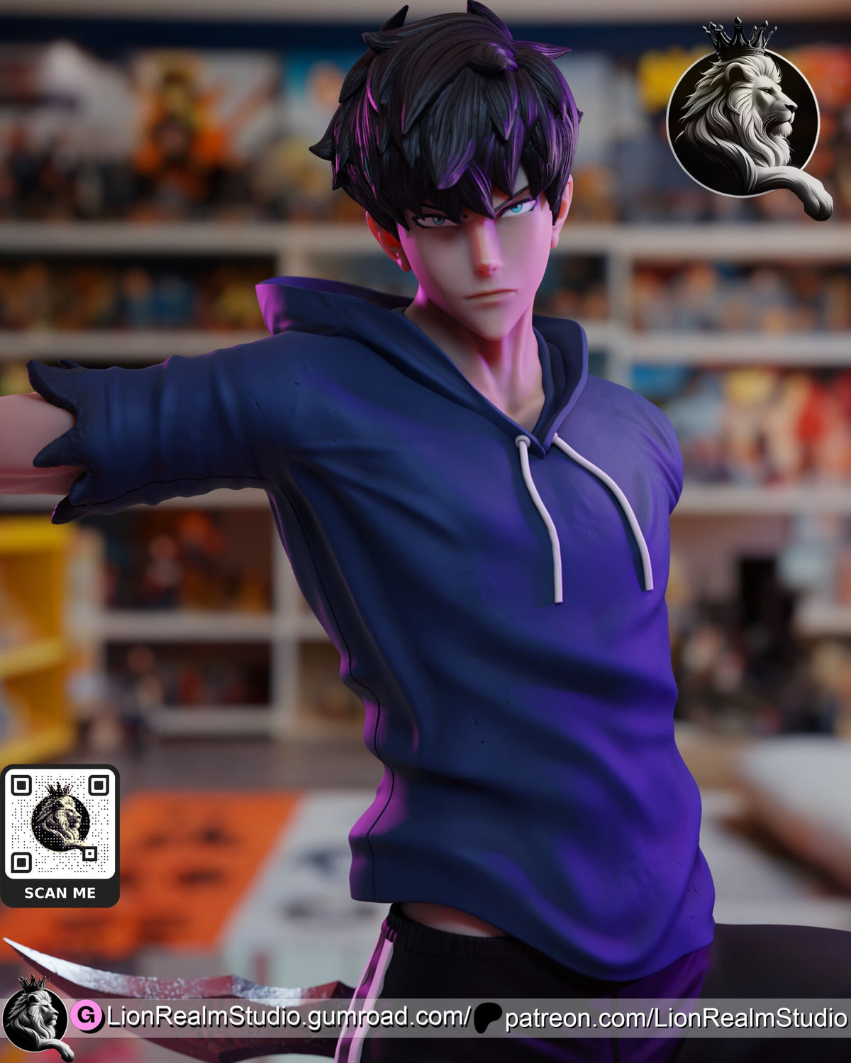 Sculptor's render (kit ships unpainted): close-up of the face with cold light-blue eyes, the navy hoodie and the torn sleeve