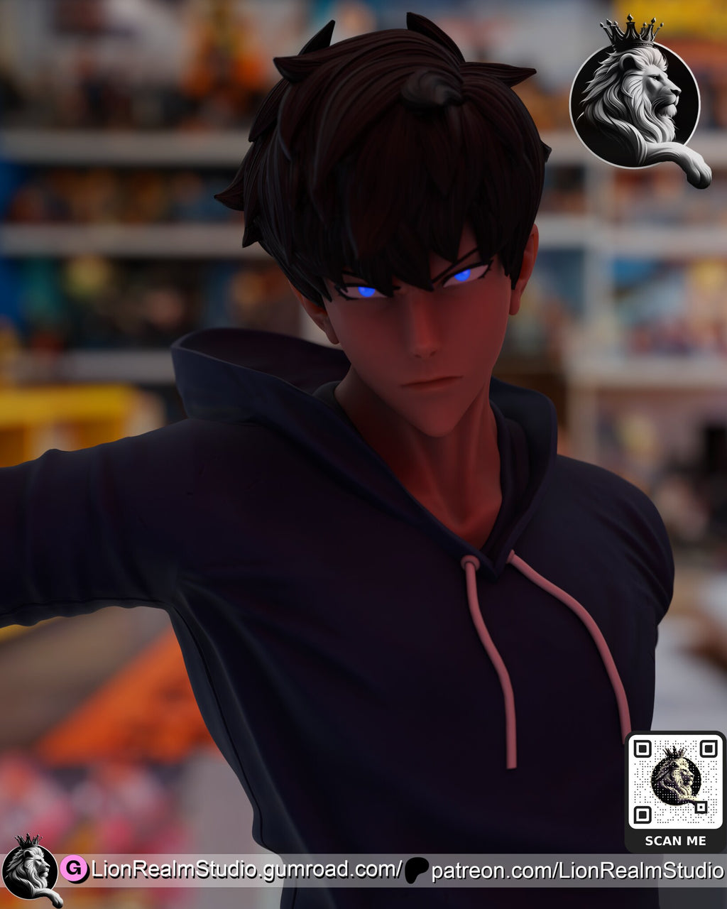 Sculptor's render (kit ships unpainted): the same close-up in dark, red-tinted lighting with glowing blue eyes