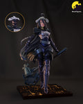 Sculptor's render of the painted design (kit ships unpainted): front view of the horned woman in dark plate armor striding across the square lava rock base, her axe polearm trailing behind her, with an inset of the helmeted head