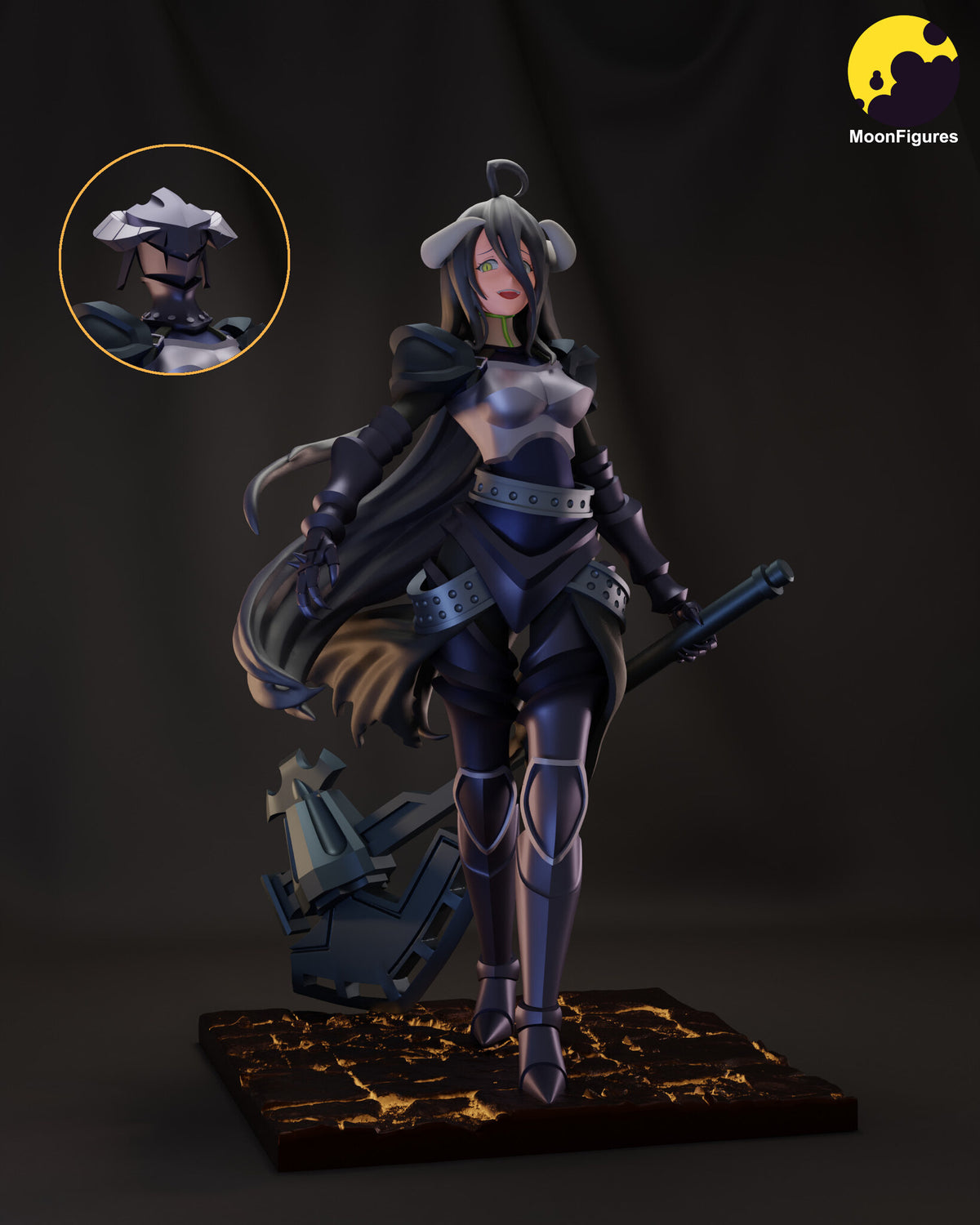 Sculptor's render of the painted design (kit ships unpainted): front view of the horned woman in dark plate armor striding across the square lava rock base, her axe polearm trailing behind her, with an inset of the helmeted head