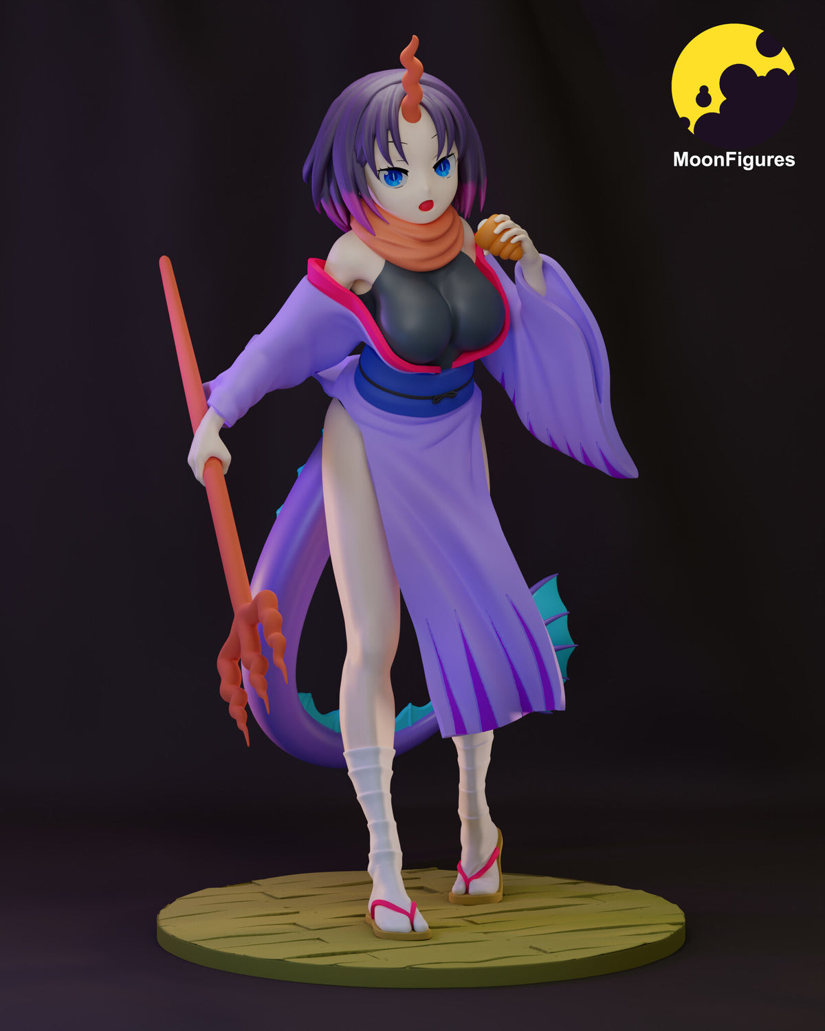 Sculptor's render of the painted design (kit ships unpainted): front view of the horned dragon girl in a lavender robe and orange scarf, holding a coral-red clawed staff and a pastry, with a finned violet tail, on a round paved base