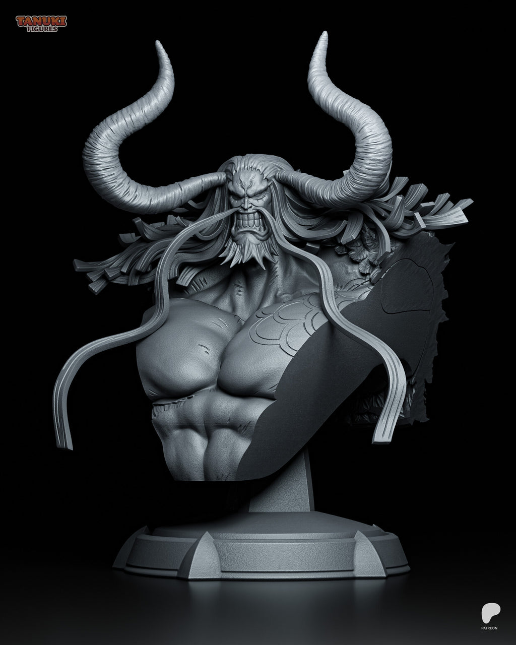Sculptor's render of the sculpt (kit ships unpainted): front view of the snarling horned giant bust with a ribbon moustache and wide mane on a round pedestal